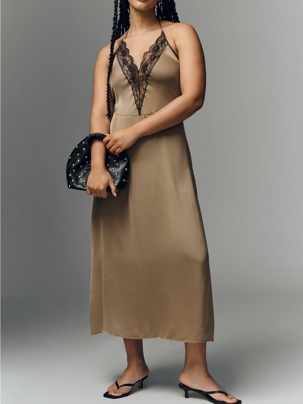 Anthropologie Gorgeous Lace Halter Midi Taupe Satin Slip w Black Lace Trim Dress - Picture 5 of 11